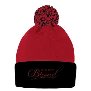 Simply Blessed Pom-Pom Cuffed Beanie | Sportsman SP15 red  black