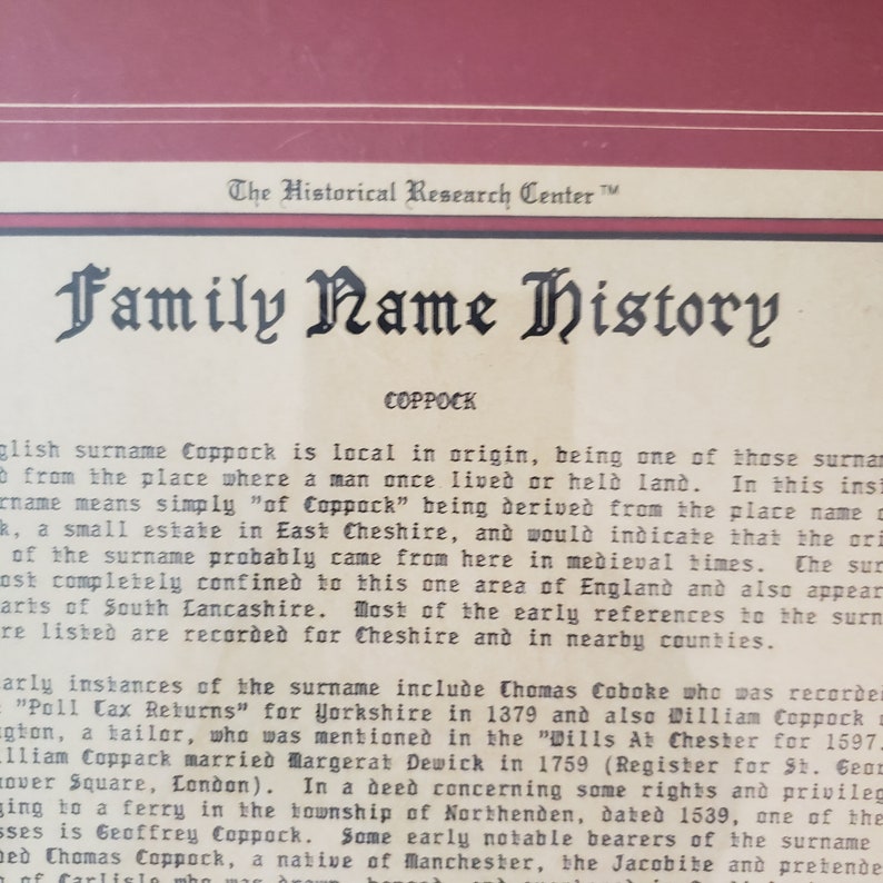 The Historical Research Center certificate for the name Coppock from 1992 numbered and original