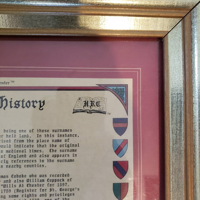 The Historical Research Center certificate for the name Coppock from 1992 numbered and original