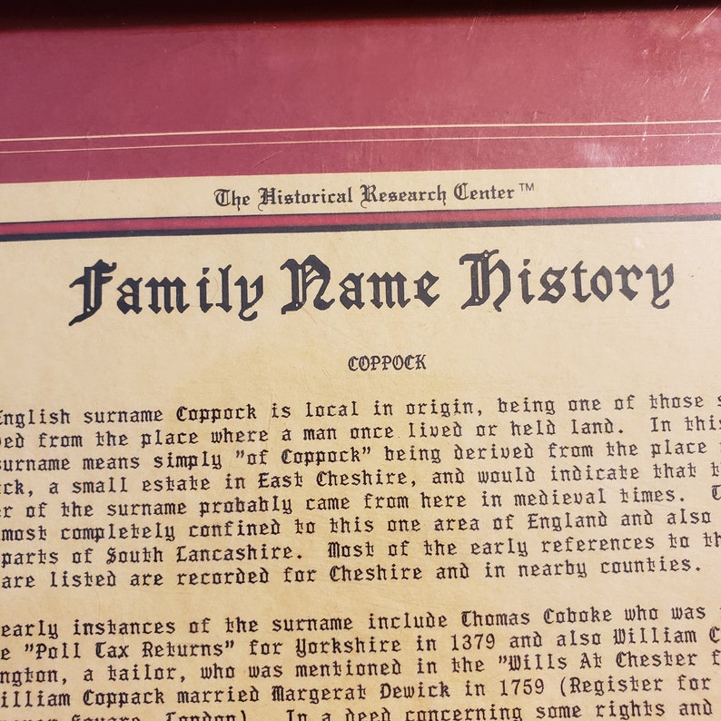 The Historical Research Center certificate for the name Coppock from 1992 numbered and original