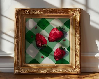 Puede incluir: Pintura enmarcada que presenta tres fresas rojas maduras con hojas verdes sobre un fondo a cuadros verde y blanco. La pintura está en un marco dorado ornamentado. Las fresas son de un rojo vibrante.