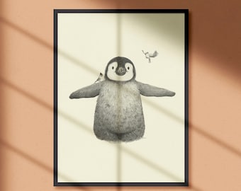 Ilustración pingüino y pájaros, ideas para regalo, dibujo en blanco y negro, lámina de animales, arte con lápiz