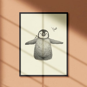 Illustration Pinguin und Vögel, Geschenkideen, schwarz-weiß Zeichnung, Tierfolie, Bleistiftkunst