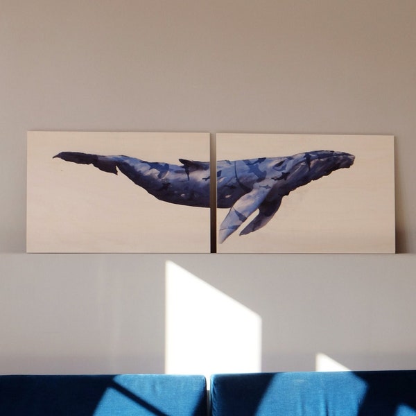 Ballena azul arte en madera, ilustración a color doble exposición, peces en el mar, cabezal cama, cuadro madera decorativa, lámina colgar