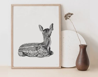 Ilustración de ciervo, ideas para regalo, dibujo en blanco y negro, print de animales, arte con lápiz