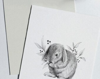 Ilustración conejo, dibujo de naturaleza y animales a blanco y negro, regalo decoración para casa, original pintura de doble exposición
