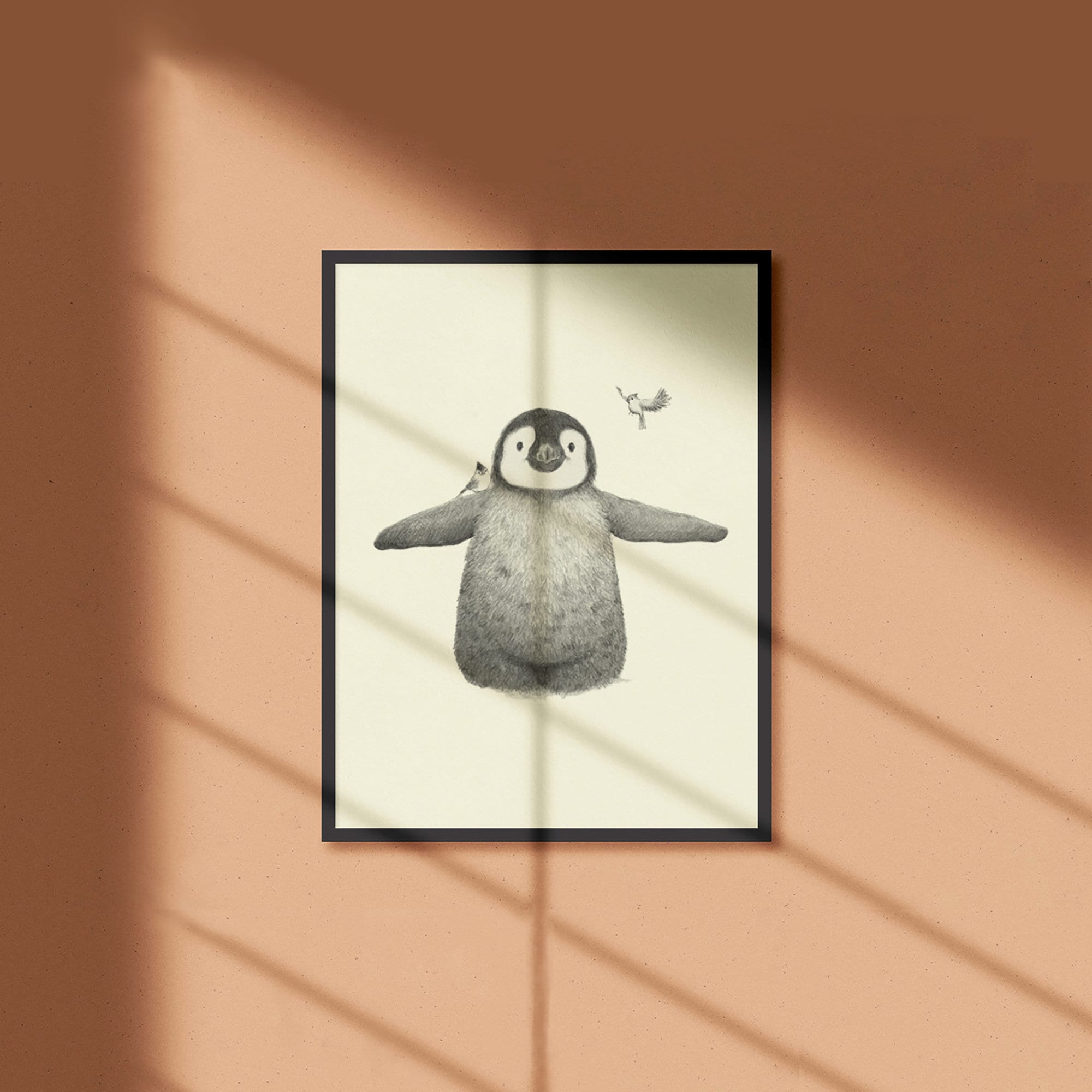 Illustration Pinguin und Vögel, Geschenkideen, schwarz-weiß Zeichnung, Tierfolie, Bleistiftkunst