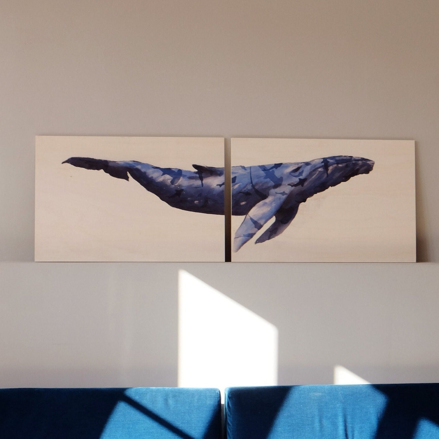 Ballena azul arte en madera, ilustración a color doble exposición, peces en el mar, cabezal cama, cuadro madera decorativa, lámina colgar