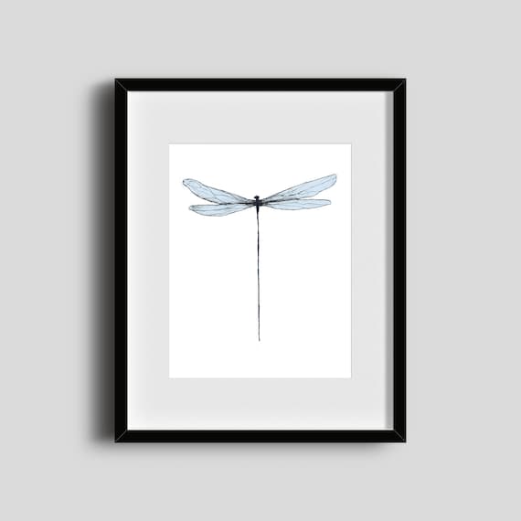 Ilustración de libélula azul, ideas para regalo, dibujo en blanco y negro, print de animales, arte con lápiz