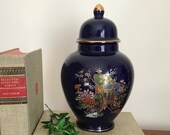 Stunning Cobalt Ginger Jar Japanese Temple Jar Rickshaw Flowers Cherry Blossoms Chrysanthemums Spring Colorful Mantle Decor
