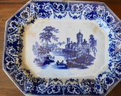 19th Century Massive Flow Blue Ironstone Platter Blue White Transferware Kaolin Ware Moselle Pattern Dimmock