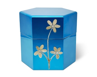 Modern Hexagon Cube Cremation Urn For Ashes Funeral Urn for Ashes Funeral Casket Adult Ashes Urn Light Blue Eggshell Decoration Flower