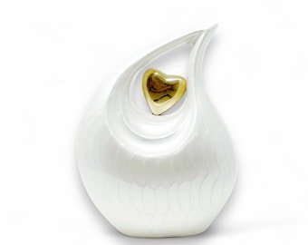 White Teardrop Cremation Urn: Modern Brass with Gold Heart Decor