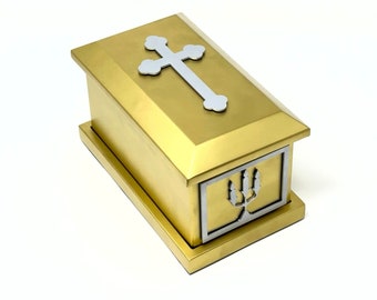 Stainless Steel Cremation Urn with Cross Container for Ashes with a decorative Cross and Plaque.