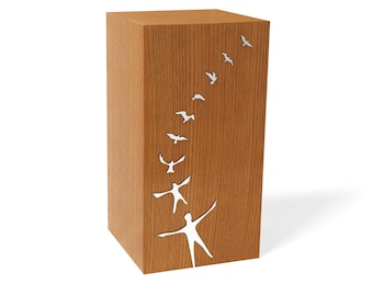 Solid Oak Cremation Urn: Mirrored Human Bird Design, Modern Burial Casket
