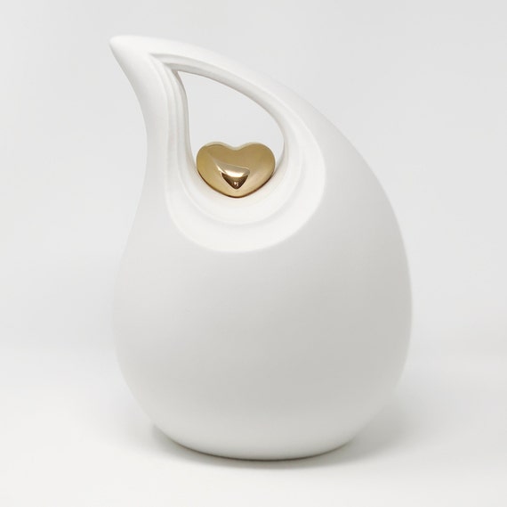 Urna Funeraria De Cerámica En Forma De Corazón, Acabado Suave Gris O Blanco, Con Detalle Dorado - Para Cenizas De Adultos