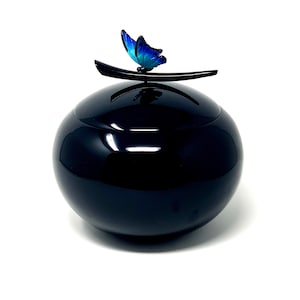 Fiberglass Cremation Urn for Ashes: Black Resin Vase with Blue Butterfly