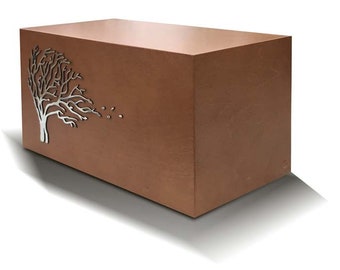 Wooden Urn for Ashes with Mirrored Windswept Tree Symbol Cremation Casket Modern Burial Urn
