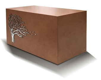 Wooden Urn for Ashes with Mirrored Windswept Tree Symbol Cremation Casket Modern Burial Urn