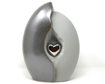 Grey Ceramic Cremation Urn: Silver Heart Memorial Urn (231.8 cu in)