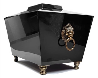 Lion Head Cremation Urn: Gloss Wood Funeral Casket with Brass Handles