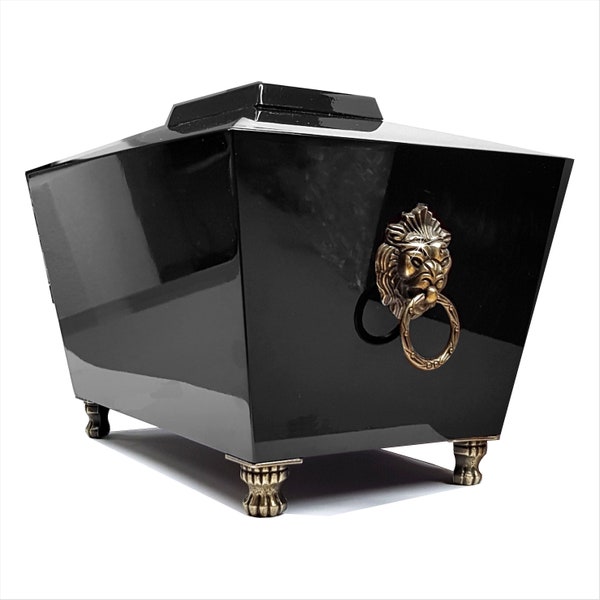 Lions Head Elegant Cremation Urn for Ashes Funeral Casket Full Gloss Wooden Burial Urn for Adults Brass decorative handles