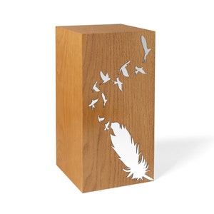 Cremation Solid Oak Wooden Urn for Ashes with Mirrored Birds Symbol Cremation Casket Modern Burial Casket  Large Memorial