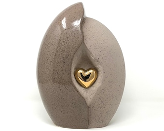 Ceramic Cremation Urn: Sand Grey Heart in Shell, Memorial Urn