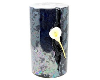Space Black Ceramic Cremation Urn with Lily - Adult Memorial Urn