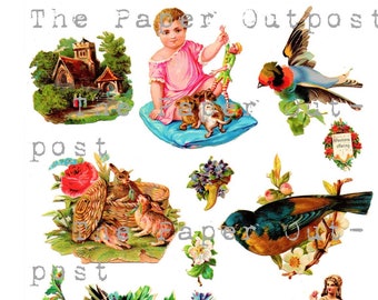 May include: A collection of vintage illustrations featuring a girl with two puppies, a church, a bird, a basket of bunnies, a bouquet of flowers, a bird on a branch, and a woman holding a basket of flowers. The illustrations are all in a whimsical style and feature bright colours.