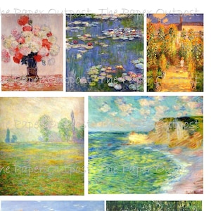 以下が含まれることがあります： クロード・モネによる9枚の絵画のコラージュ。スイレン、庭園の道、花畑、海の風景など、さまざまな風景とシーンが描かれています。
