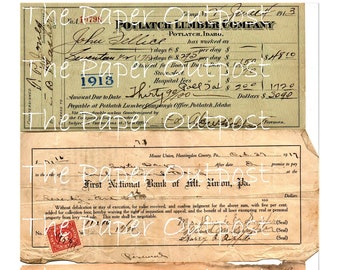 Könnte beinhalten: Drei alte Papierbelege aus den frühen 1900er Jahren. Der erste Beleg ist von der Potlatch Lumber Company in Potlatch, Idaho. Der zweite Beleg ist von der First National Bank of Mt. Union, Pennsylvania. Der dritte Beleg ist von der Peoples Savings Bank of Bay City, Michigan.