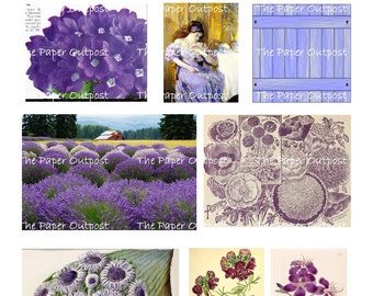 May include: A collage of botanical illustrations and images. Includes a close-up of purple flowers, a painting of a woman in a purple dress, a lavender field, and various floral drawings. The text "The Paper Outpost" is present.