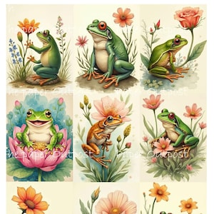 May include: Nine watercolor illustrations of frogs with flowers. The frogs are green, orange, and yellow, with red eyes. The flowers are pink, orange, and white. The background is a light beige color. The text "the paper Outpost" is visible in the image.