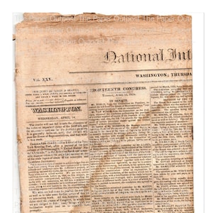May include: A black and white newspaper clipping from the National Intelligencer, dated April 14, 1824, with the headline "WASHINGTON" and the subheading "WEDNESDAY, APRIL 14". The article discusses the tariff bill and the dry docks project.
