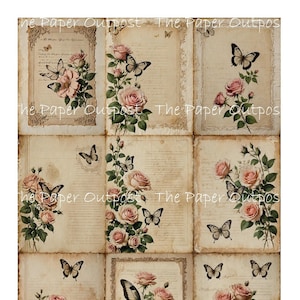 May include: A digital collage of nine vintage-style images featuring pink roses and butterflies on a cream background. The images have a distressed, aged look and include handwritten text.