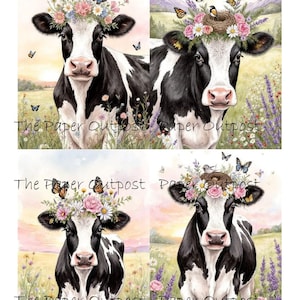 May include: A set of four digital illustrations featuring black and white cows wearing floral crowns with butterflies and birds in a meadow. Each image includes the text The Paper Outpost. The cows are depicted in a field with lavender and wildflowers.