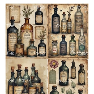 Peut inclure: Un collage de bouteilles d'apothicaire vintage avec des bouchons en liège et des étiquettes vieillies. Certaines bouteilles contiennent des brins d'herbes. La palette de couleurs comprend des nuances de brun, de vert et de crème, évoquant l'histoire et le mystère.