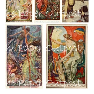 May include: A collection of four vintage illustrations depicting scenes from a fairytale. The first image shows a group of people dancing in a forest. The second image shows a woman reaching up to a man in a tree. The third image shows a man in a robe kneeling before a door. The fourth image shows a woman playing a harp on a throne.