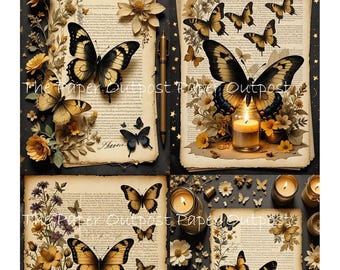Butterfly Writings, vintage butterflies and papers, writing instruments antique style Images (Digital Kit)