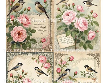 ROMANTIC ROSE GARDEN Digikit digital printable digital pink roses, birds and roses, vintage rose ThePaperOutpost paper outpost shop pam