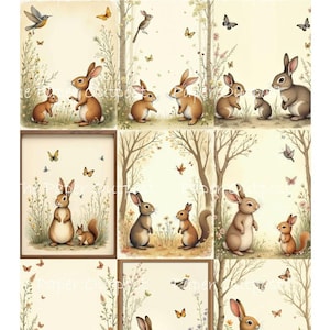 HAPPY BUNNY Digikit Immagine stampabile coniglietti, coniglio, coniglio, scoiattolo, uccello animali foresta prato ThePaperOutpost Pam su Paper Outpost