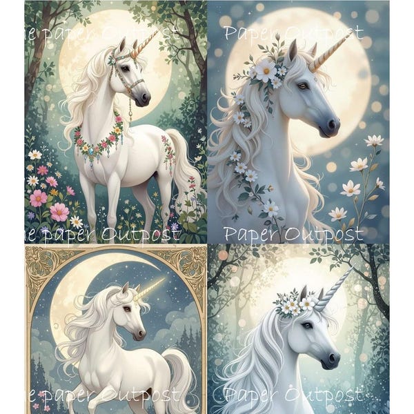 Kit di collage digitale Unicorn Beauty: arte fantasy vintage (download stampabile)