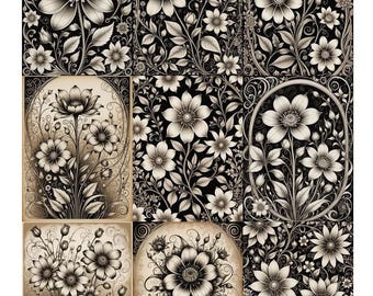 FLOWERS BOLD NEUTRAL Digikit, Printable flower, black and white, sepia, botanical, floral, art deco flower Images (Digital Download)