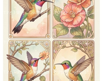 Imágenes imprimibles del kit digital Colibrí Feliz: pájaros, colibríes, flores, naturaleza, botánica, descarga digital. Paper Outpost.