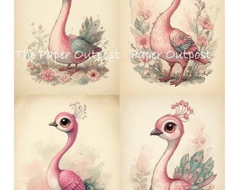 Penelope Pink Bird Digikit Printable Images Whimsical bird, pretty bird, pink bird digital, cute bird, The Paper Outpost