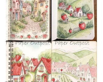 Strawberry Cottage Digikit Printable Images berry, berries, fruit, whimsical strawberry village digital download Paper Outpost