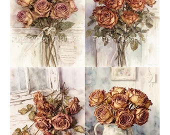 Dried Roses Shabby Vintage Digikit Printable Images antique flowers, rose bouquet, dried rose dried flowers, floral images The Paper Outpost