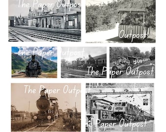 May include: A collage of black and white images featuring vintage trains and the text "The Paper Outpost".
