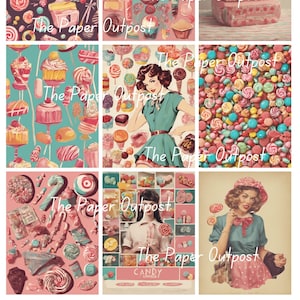 Könnte beinhalten: Eine Collage aus Bildern mit Vintage-Süßigkeiten, einer Frau im Retro-Stil und einer rosafarbenen Registrierkasse. Die Bilder sind von einem rosa und blauen Hintergrund umgeben, auf dem der Text "The Paper Outpost" wiederholt wird.
